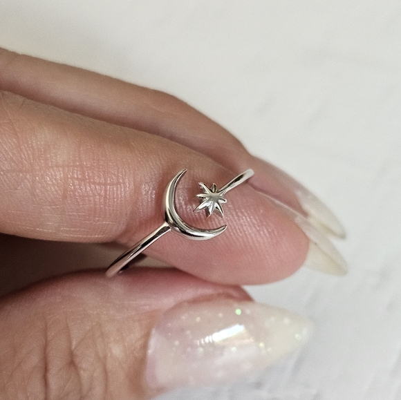 Moon Star Ring, Thin Crescent Moon Ring, Sterling Silver Women Ring, Boho Chic, - Picture 10 of 10